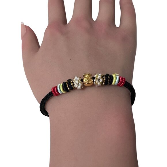 18K Gold Money Bag Bracelet Multicolor Yarn Rose Quartz Square Bead Size 6-6.5" - Picture 7 of 9